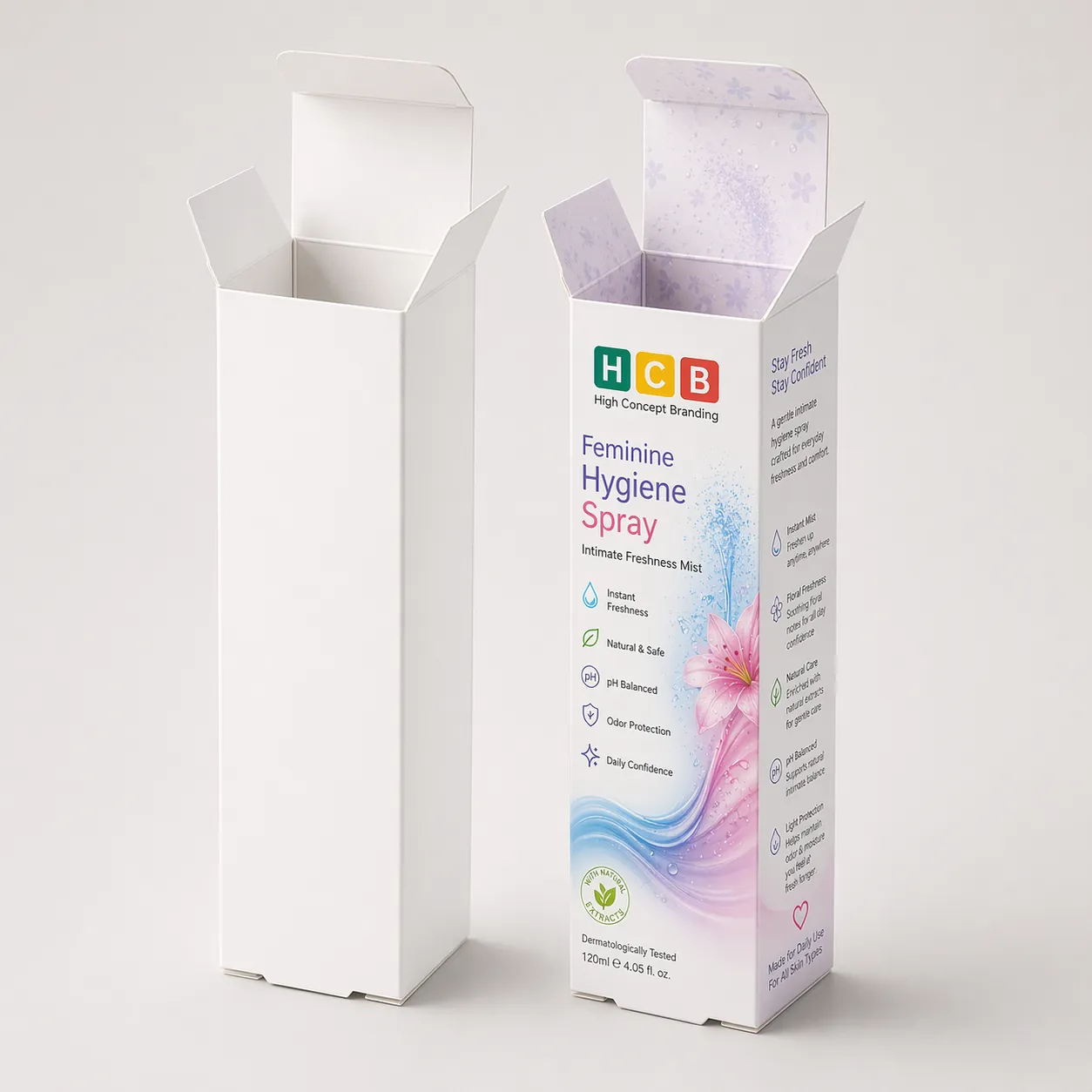 A white retail box standing next to a blue floral branded feminine deodorant spray container.